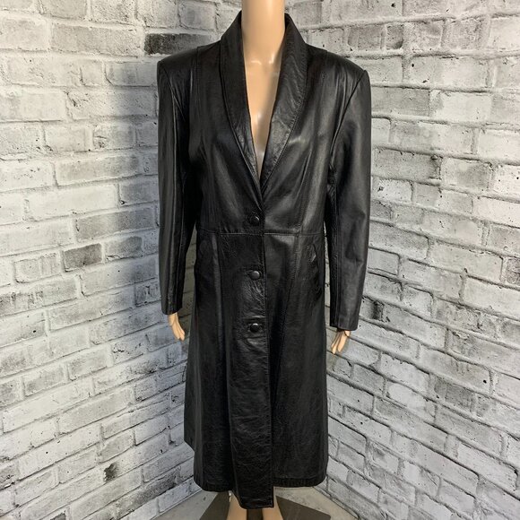 Vintage 90s Black Leather Trench Coat Retro Maxi Long Length Jacket Overcoat - Picture 1 of 16